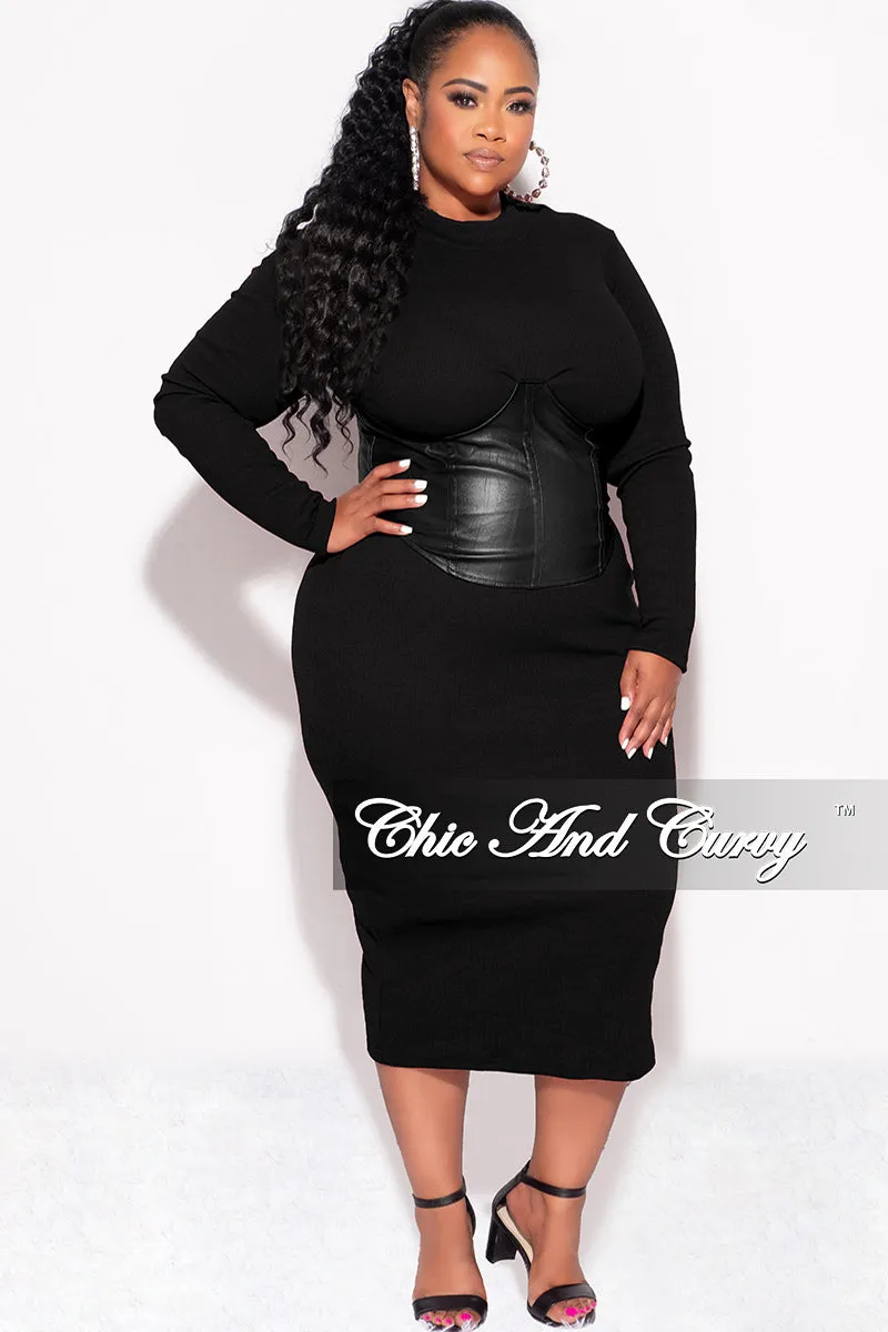 Final Sale Plus Size Thick Knit Sweater Dress with Faux Leather Corset Waist Midi Dress in Black