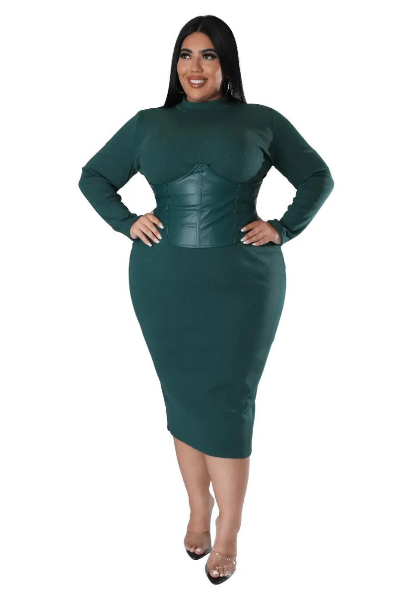 Final Sale Plus Size Thick Knit Sweater Dress with Faux Leather Corset Waist Midi Dress in Forest Green