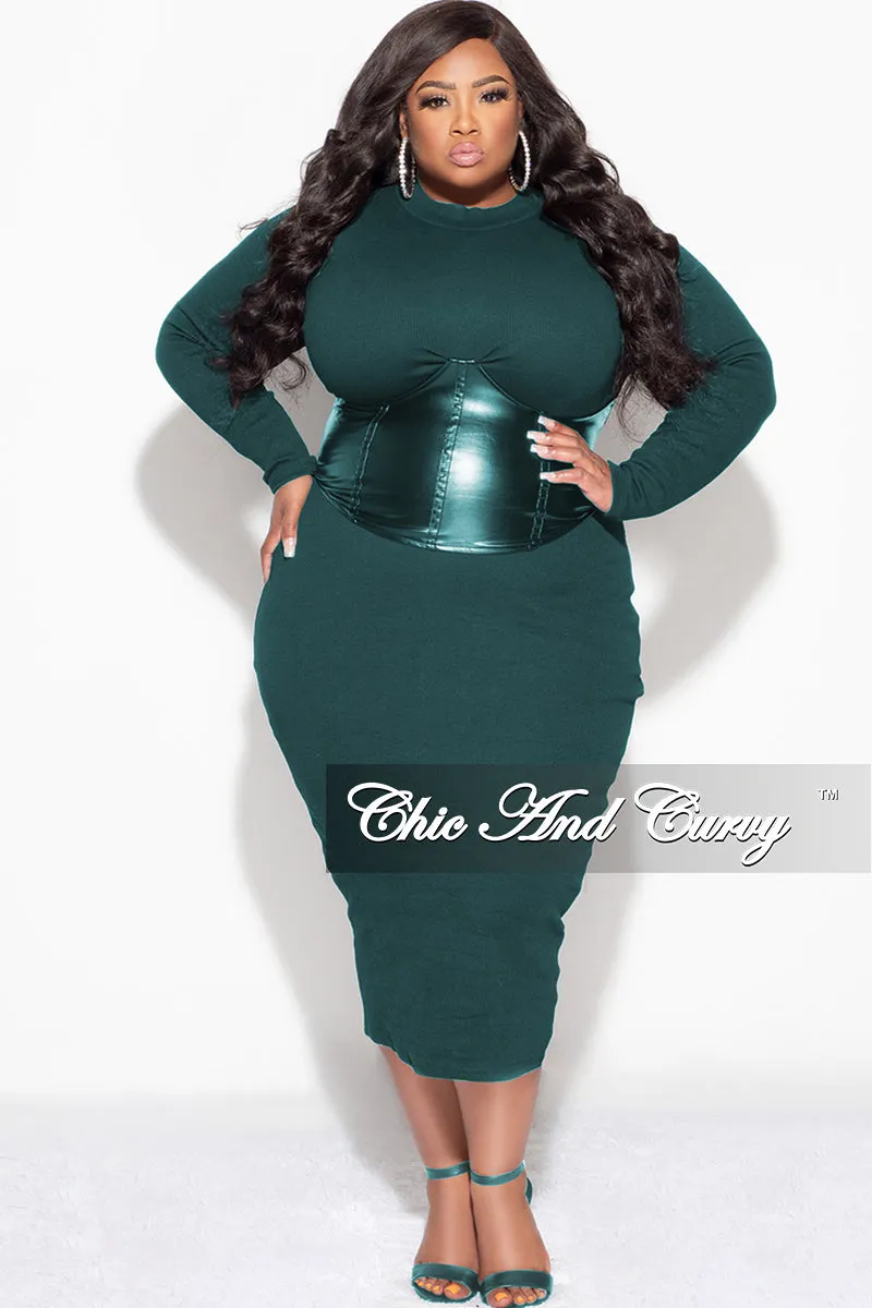 Final Sale Plus Size Thick Knit Sweater Dress with Faux Leather Corset Waist Midi Dress in Forest Green