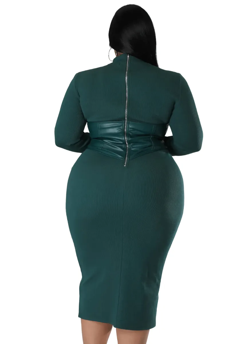 Final Sale Plus Size Thick Knit Sweater Dress with Faux Leather Corset Waist Midi Dress in Forest Green