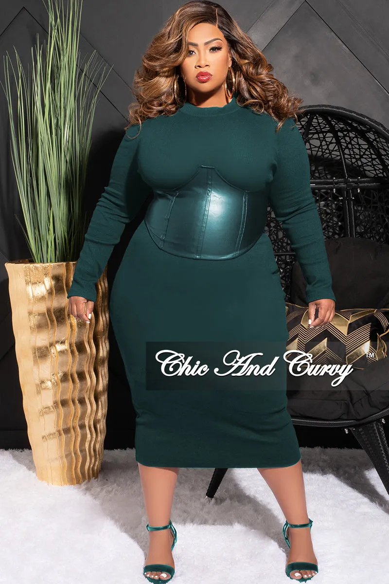 Final Sale Plus Size Thick Knit Sweater Dress with Faux Leather Corset Waist Midi Dress in Forest Green