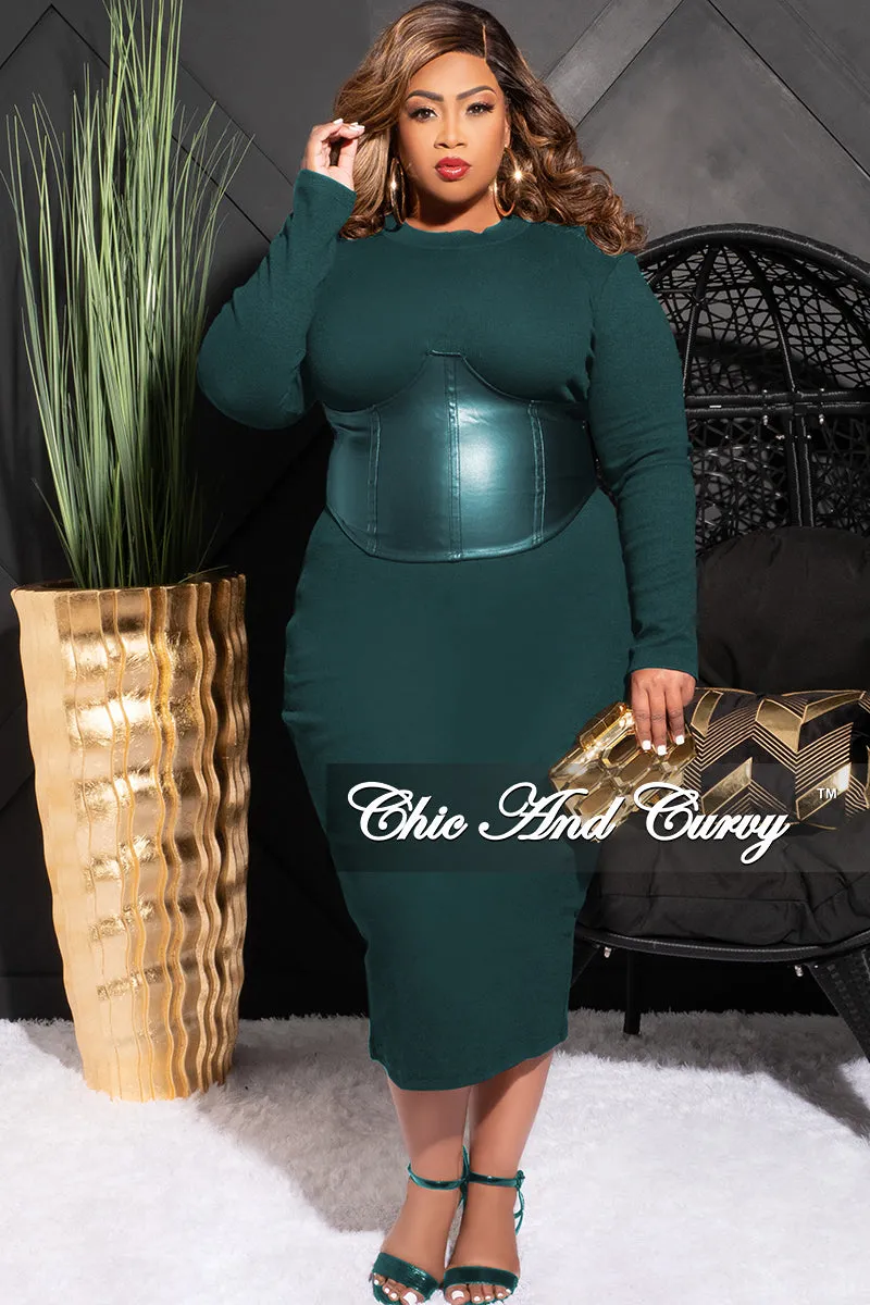 Final Sale Plus Size Thick Knit Sweater Dress with Faux Leather Corset Waist Midi Dress in Forest Green