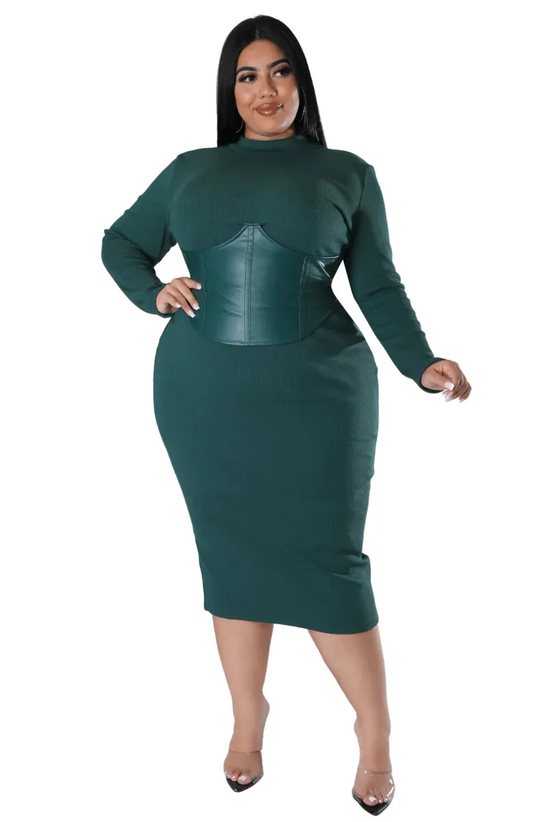 Final Sale Plus Size Thick Knit Sweater Dress with Faux Leather Corset Waist Midi Dress in Forest Green