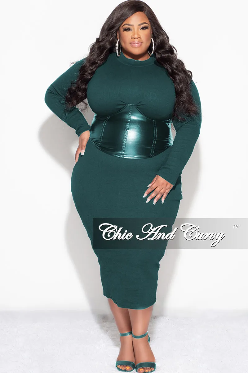 Final Sale Plus Size Thick Knit Sweater Dress with Faux Leather Corset Waist Midi Dress in Forest Green