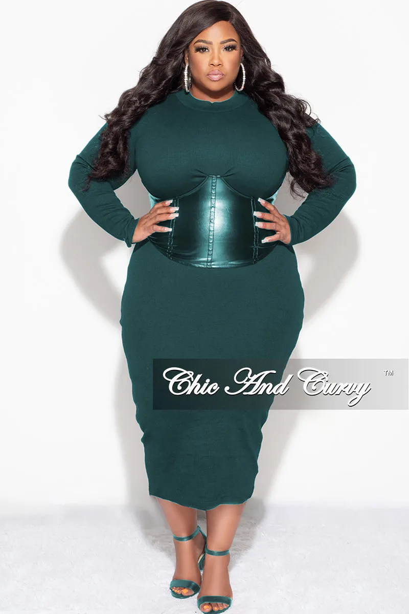 Final Sale Plus Size Thick Knit Sweater Dress with Faux Leather Corset Waist Midi Dress in Forest Green