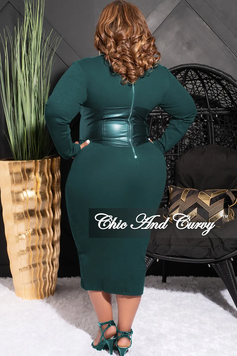 Final Sale Plus Size Thick Knit Sweater Dress with Faux Leather Corset Waist Midi Dress in Forest Green