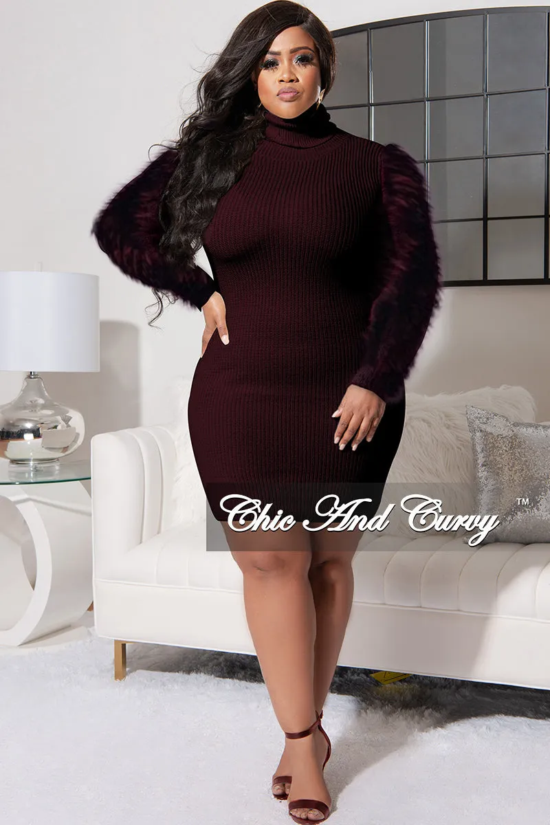 Final Sale Plus Size Turtle Neck Sweater Dress with Faux Fur Sleeves in Brown