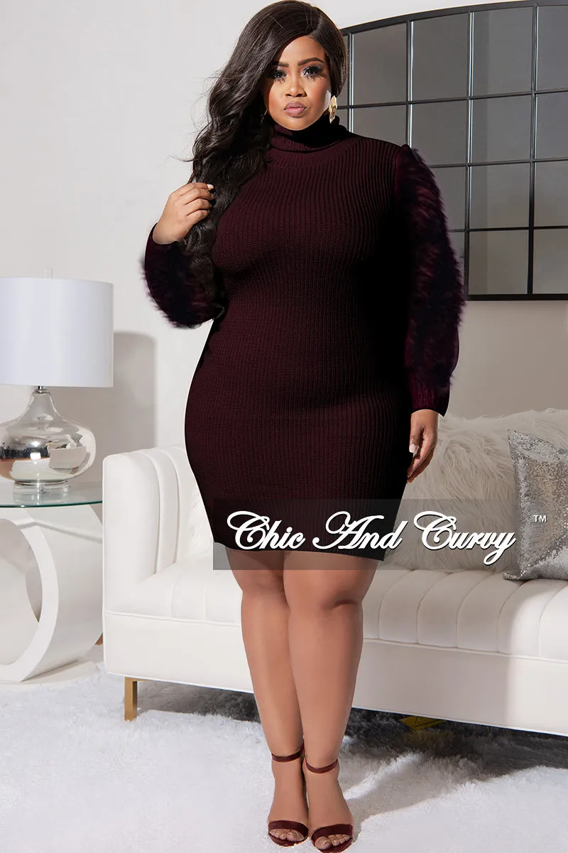 Final Sale Plus Size Turtle Neck Sweater Dress with Faux Fur Sleeves in Brown