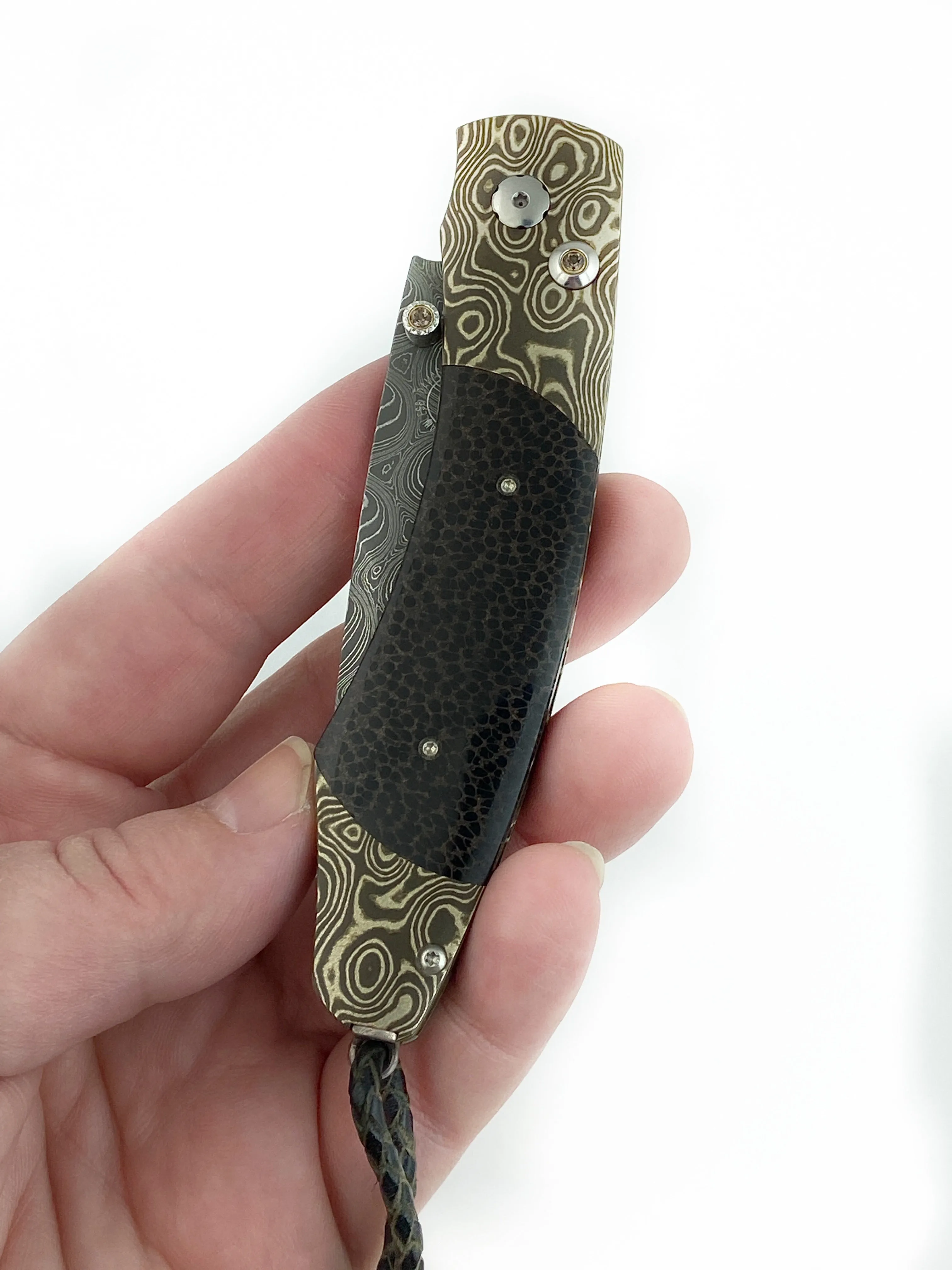 FINE POCKET KNIFE MOKUME, DAMASCUS BLADE WITH PALM WOOD BY WILLIAM HENRY