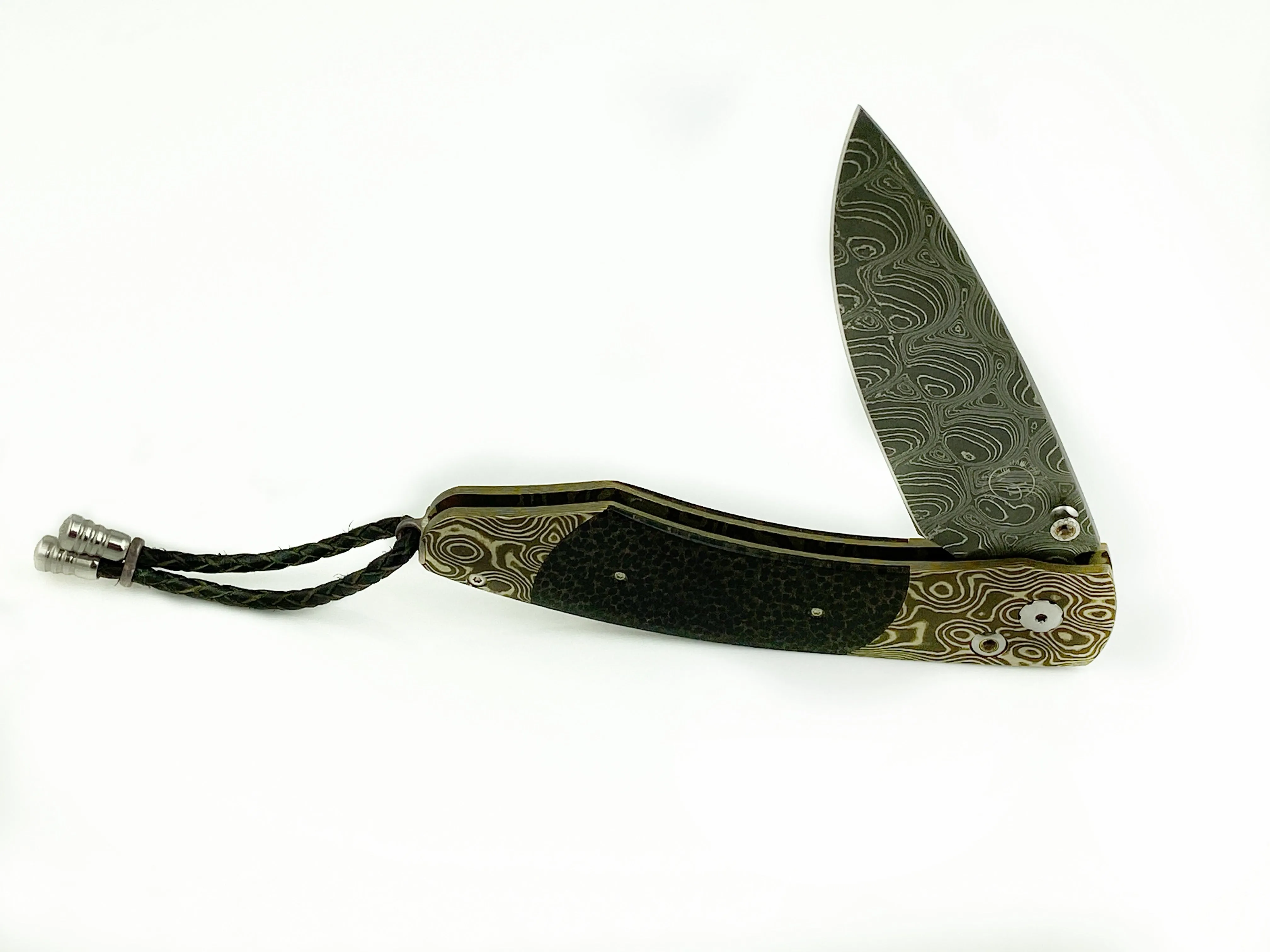 FINE POCKET KNIFE MOKUME, DAMASCUS BLADE WITH PALM WOOD BY WILLIAM HENRY