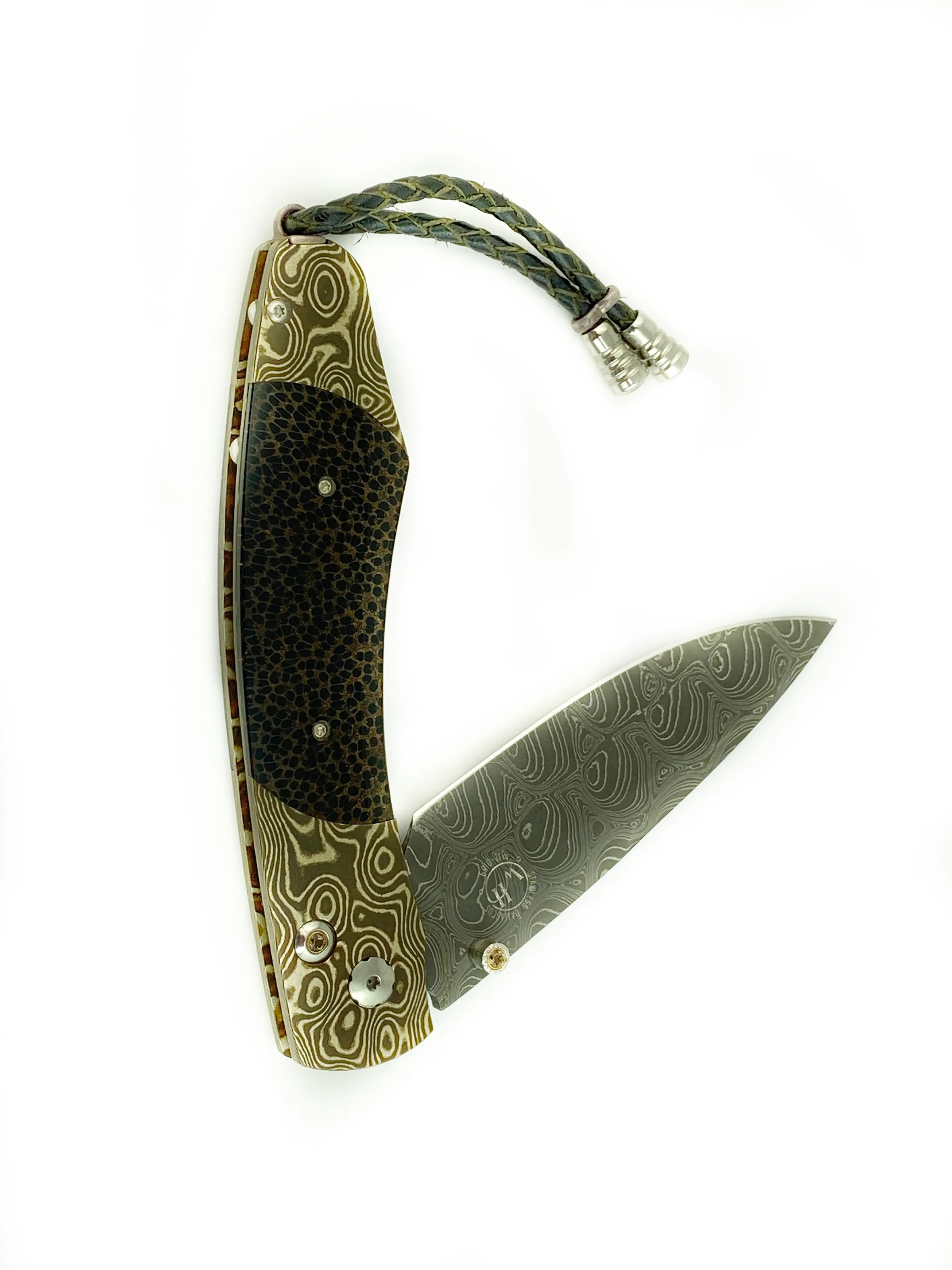 FINE POCKET KNIFE MOKUME, DAMASCUS BLADE WITH PALM WOOD BY WILLIAM HENRY