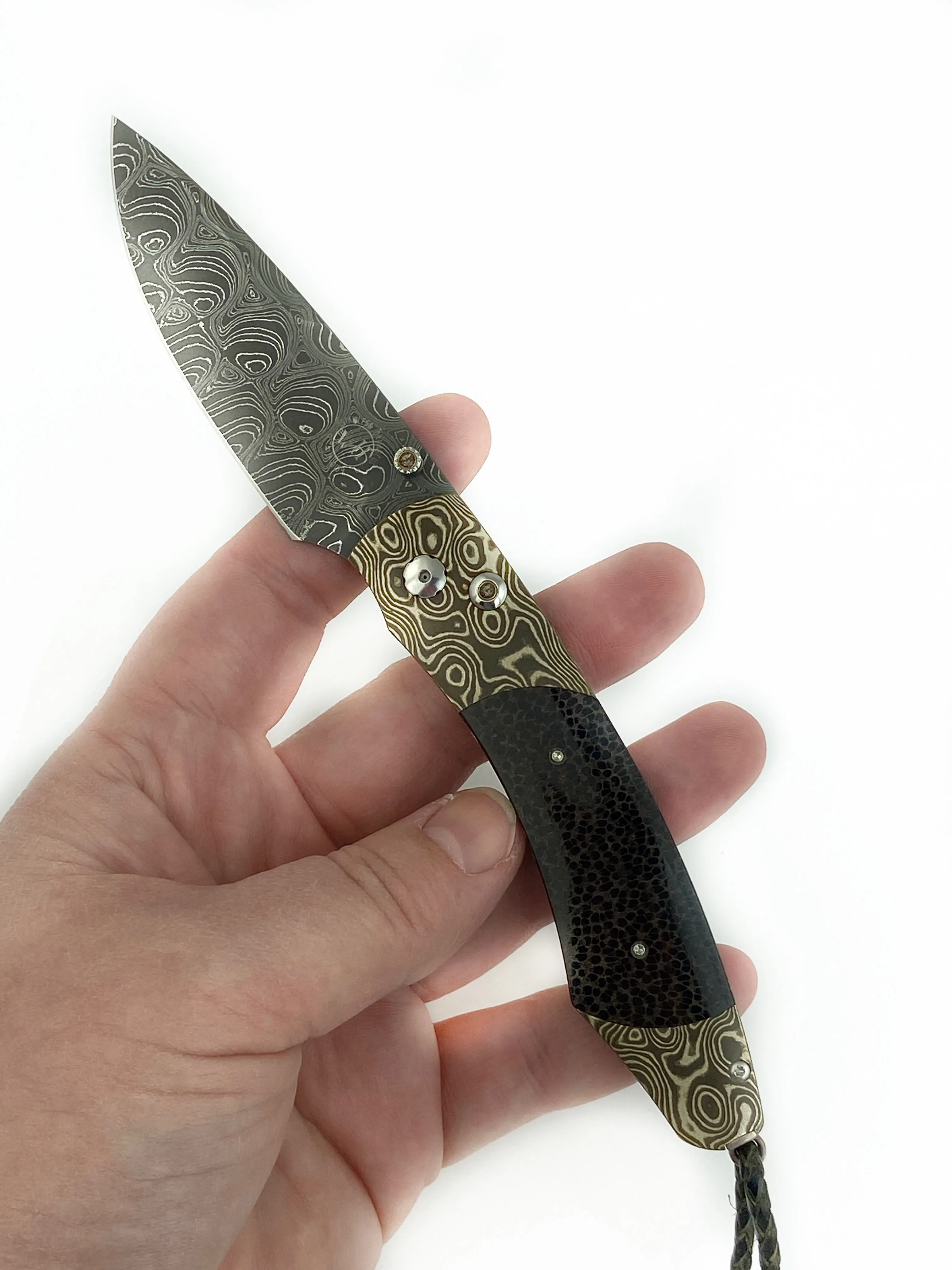 FINE POCKET KNIFE MOKUME, DAMASCUS BLADE WITH PALM WOOD BY WILLIAM HENRY