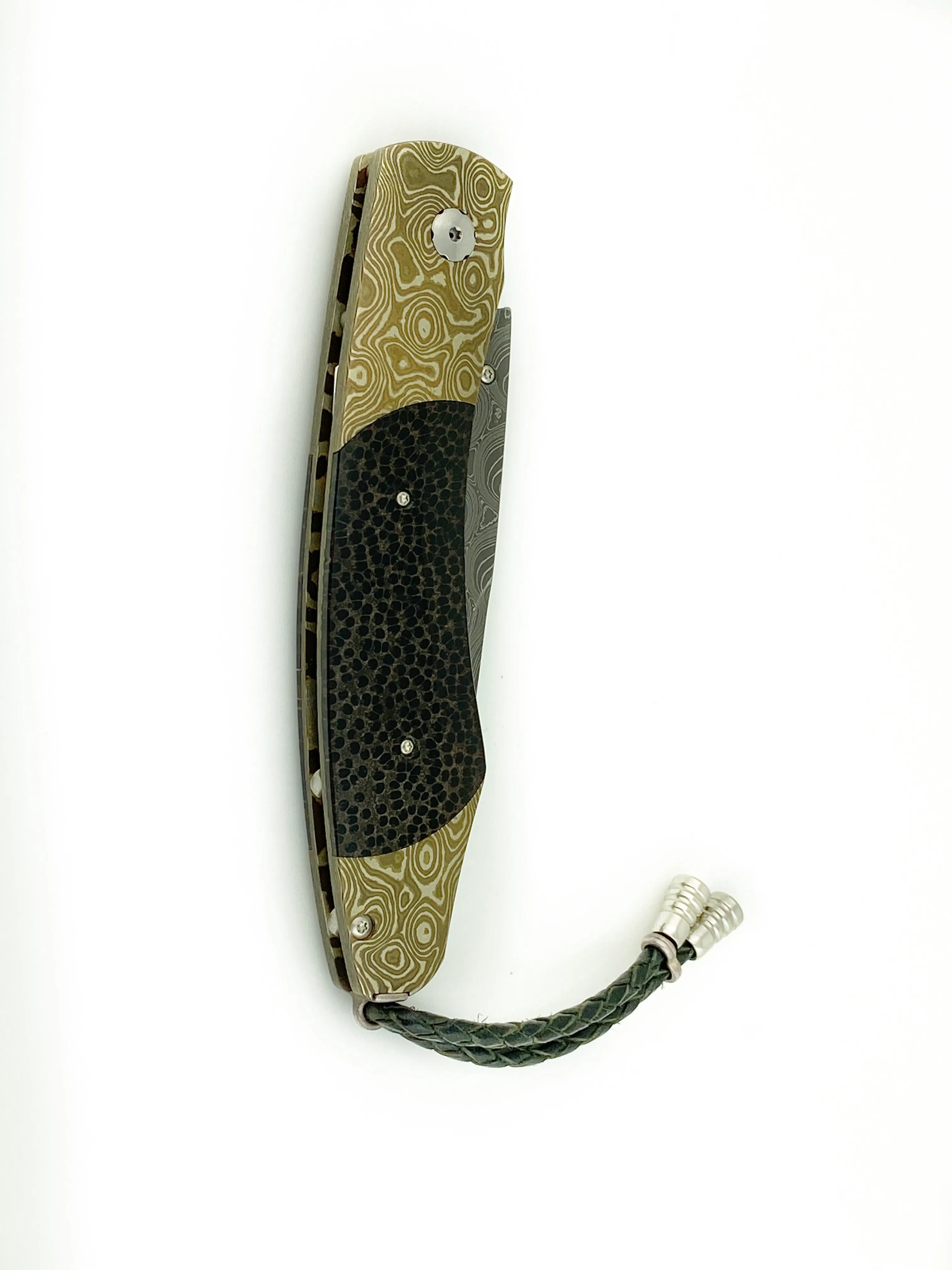 FINE POCKET KNIFE MOKUME, DAMASCUS BLADE WITH PALM WOOD BY WILLIAM HENRY