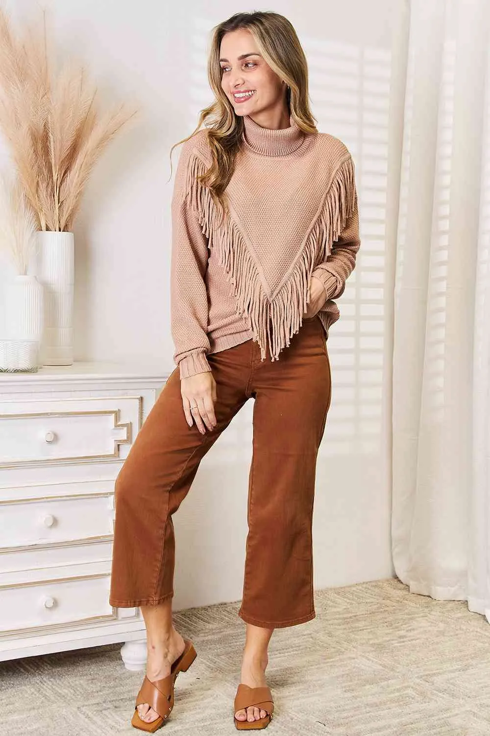 Fringe Turtleneck Long Sleeve Sweater