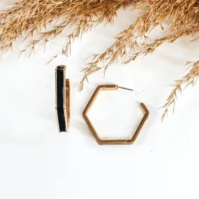 Gold Hexagon Hoops with Leather Inlay in Black