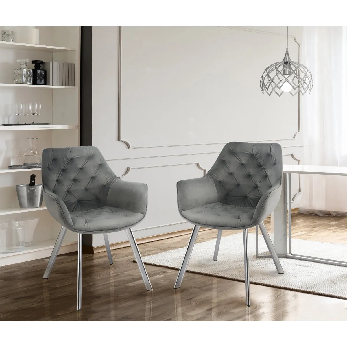 Grey Velvet Chrome Armchair - Set of 2