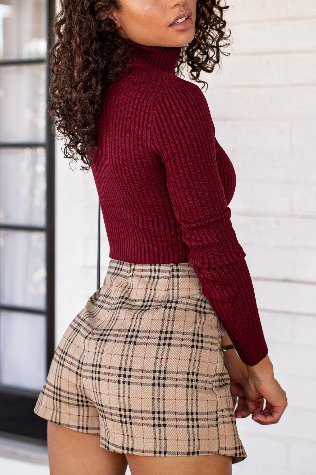 Hazy Burgundy Ribbed Crop Turtleneck Top