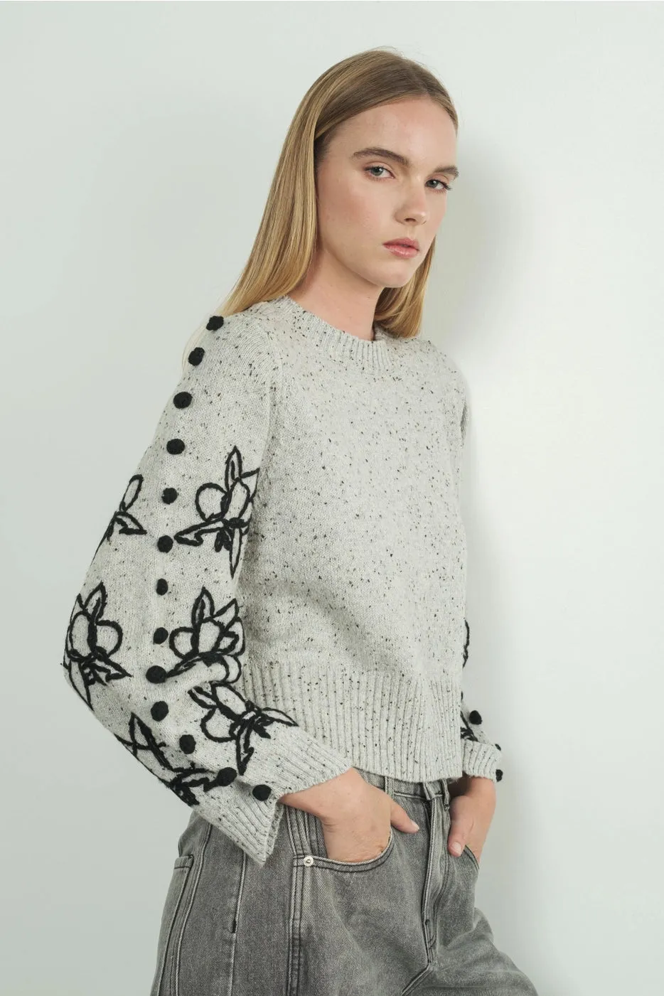 Heather Flower Sleeve Sweater