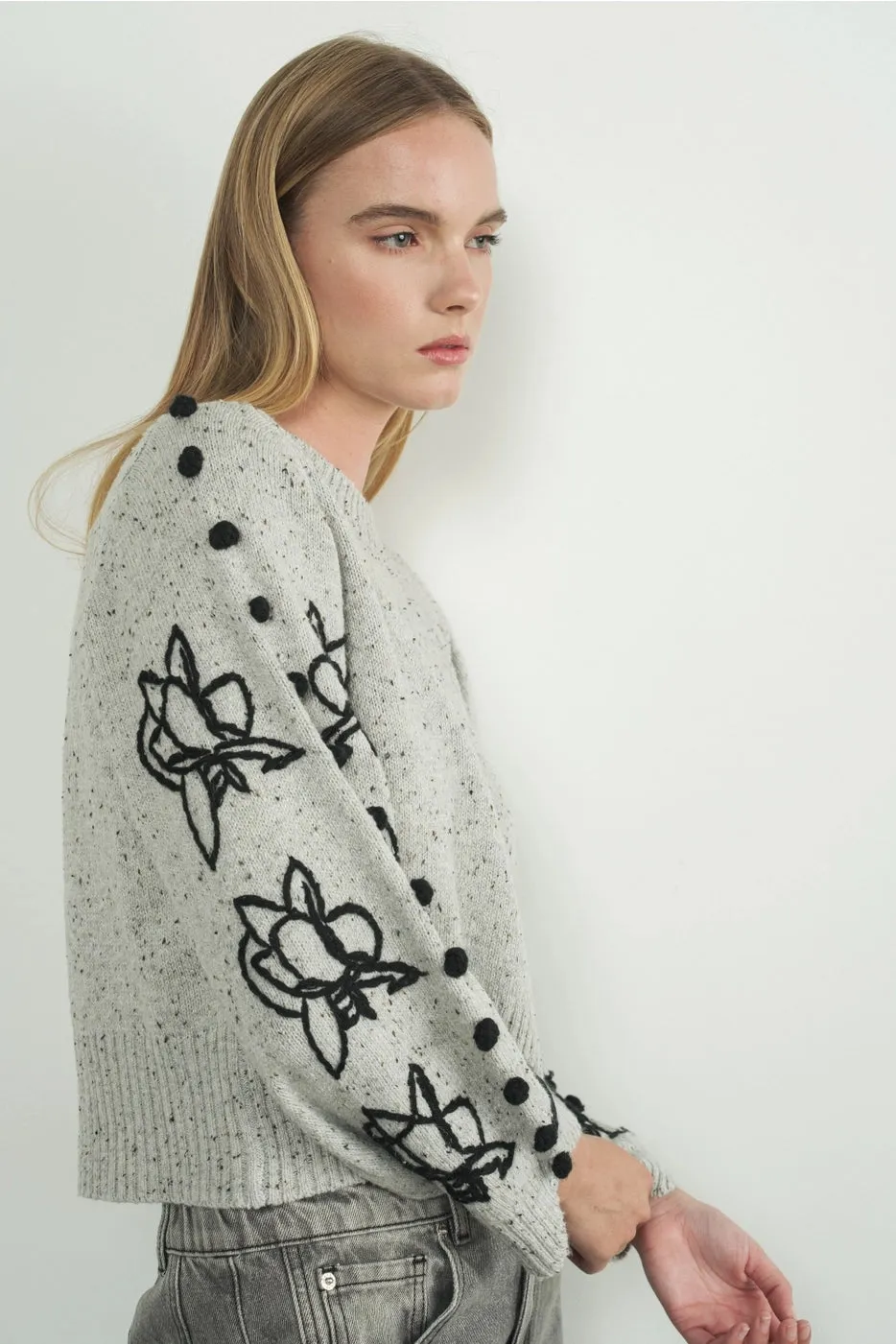 Heather Flower Sleeve Sweater