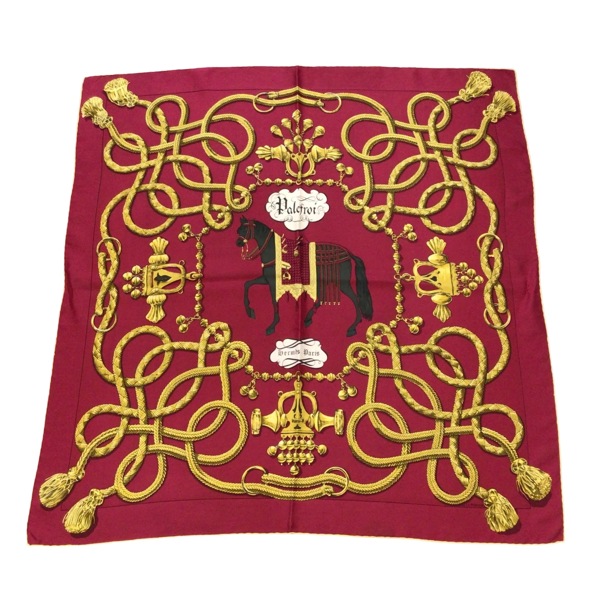 Hermes Red / Gold Multi Palefroi Square Silk Twill Scarf