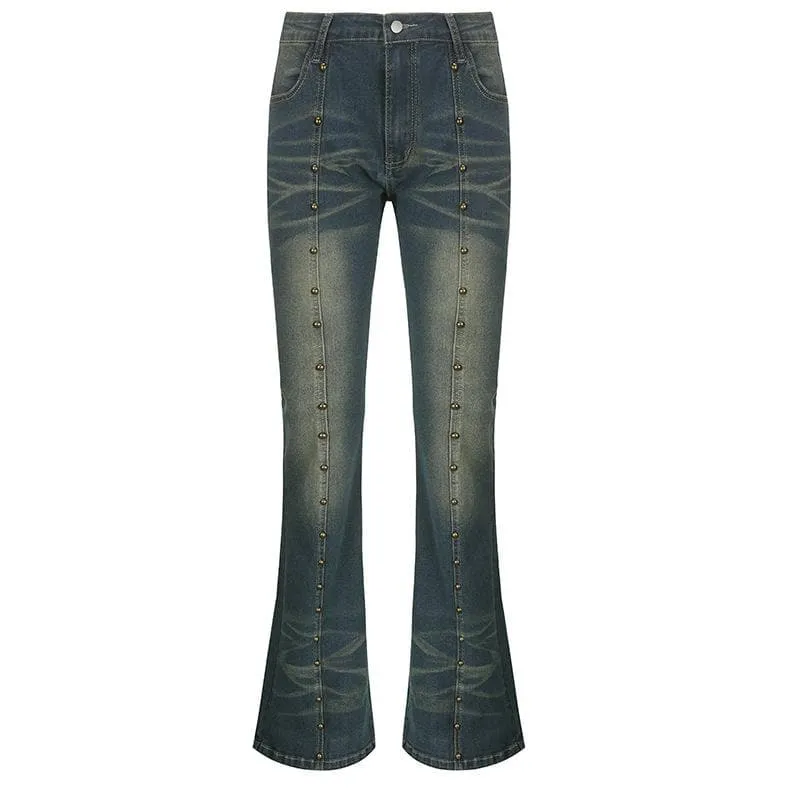 High rise beaded contrast flared jeans