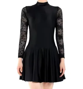 Irish Dance Black Lycra Skirted Leotard / All in One Lace Sleeves Dress