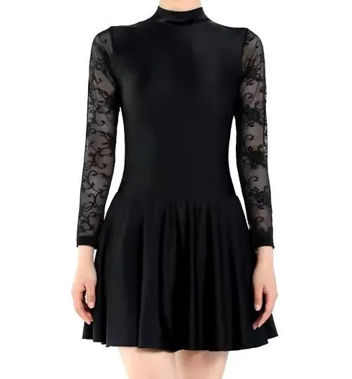 Irish Dance Black Lycra Skirted Leotard / All in One Lace Sleeves Dress