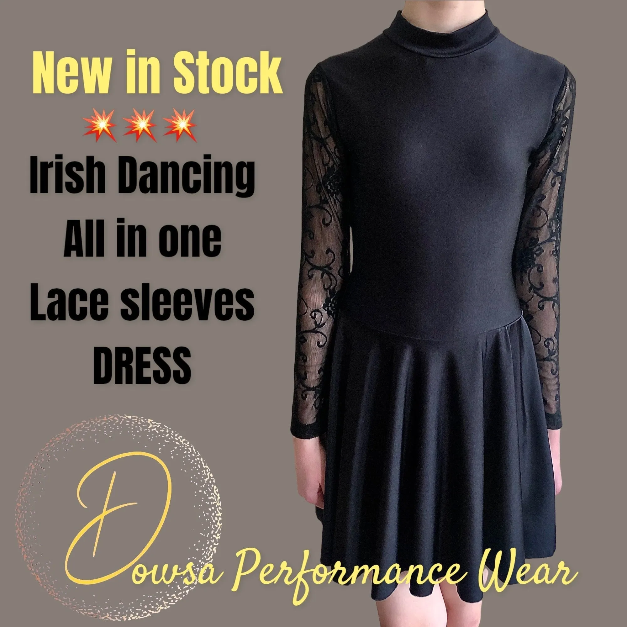 Irish Dance Black Lycra Skirted Leotard / All in One Lace Sleeves Dress