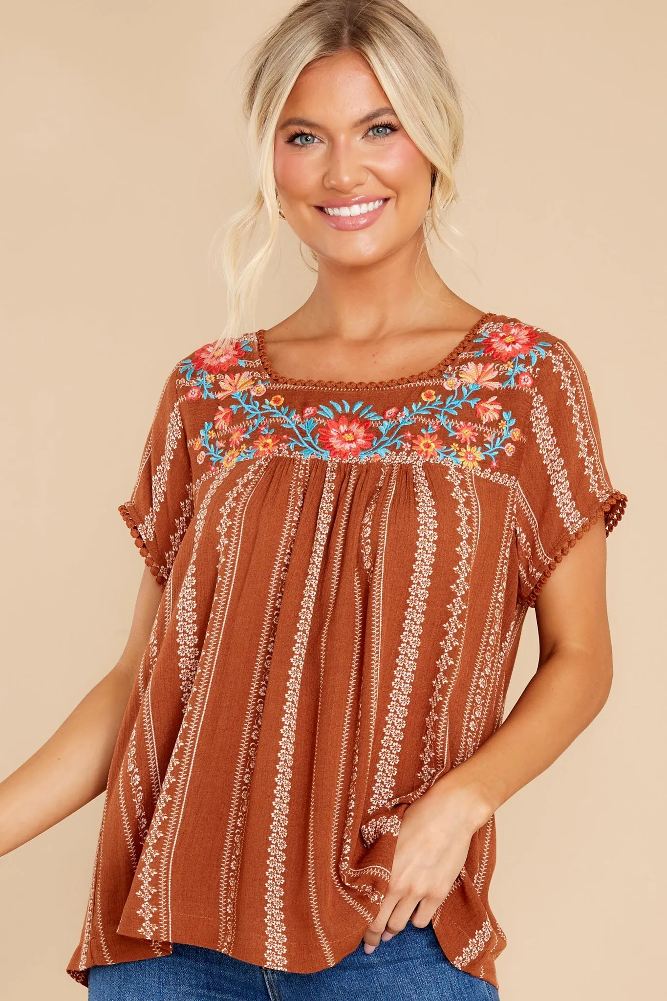 It Is Well Light Brown Embroidered Top