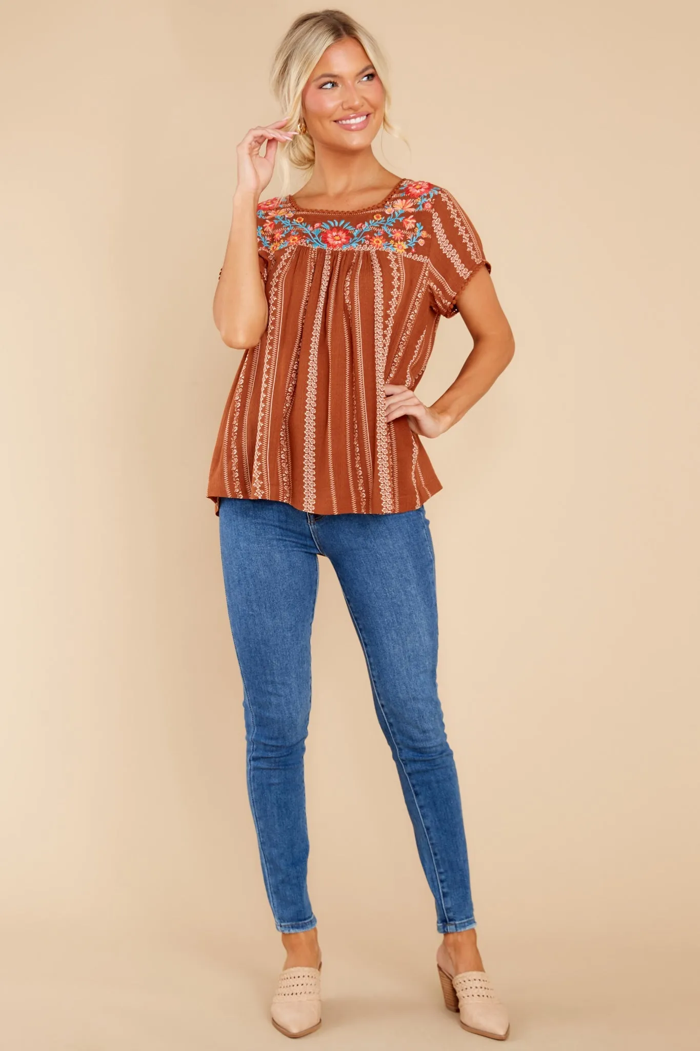 It Is Well Light Brown Embroidered Top