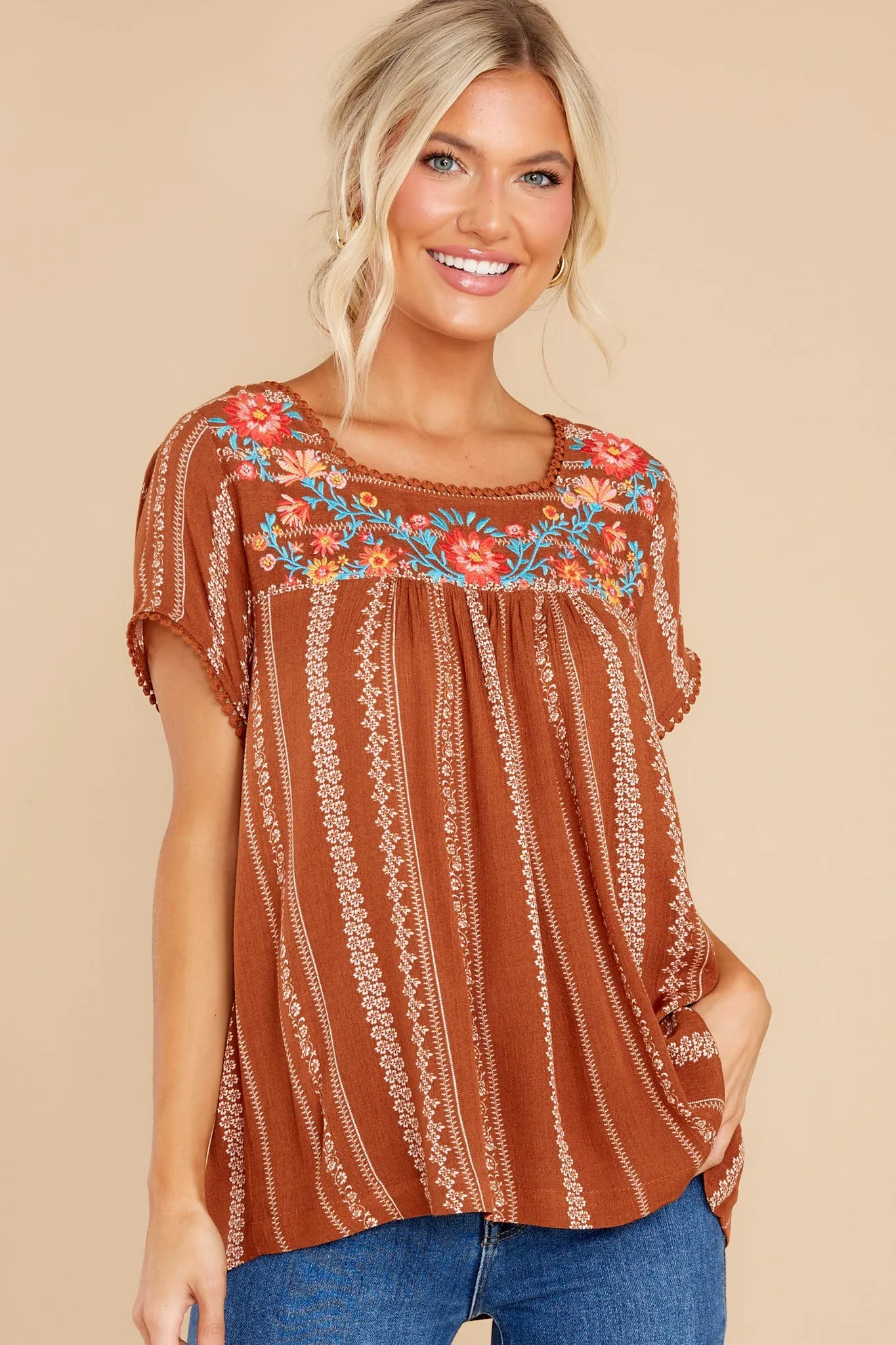 It Is Well Light Brown Embroidered Top