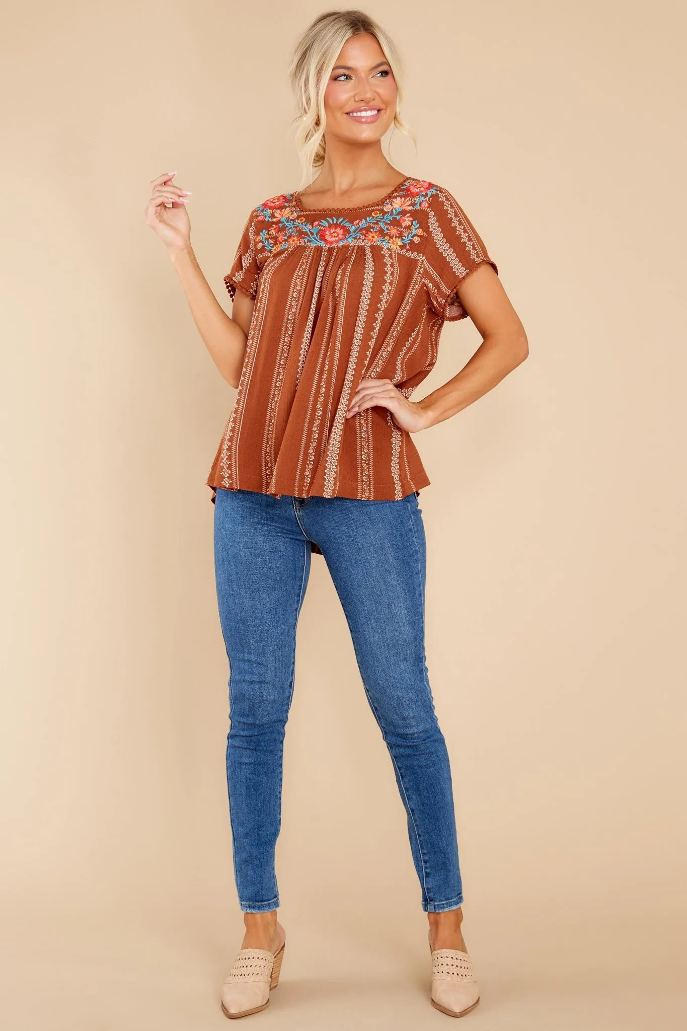 It Is Well Light Brown Embroidered Top