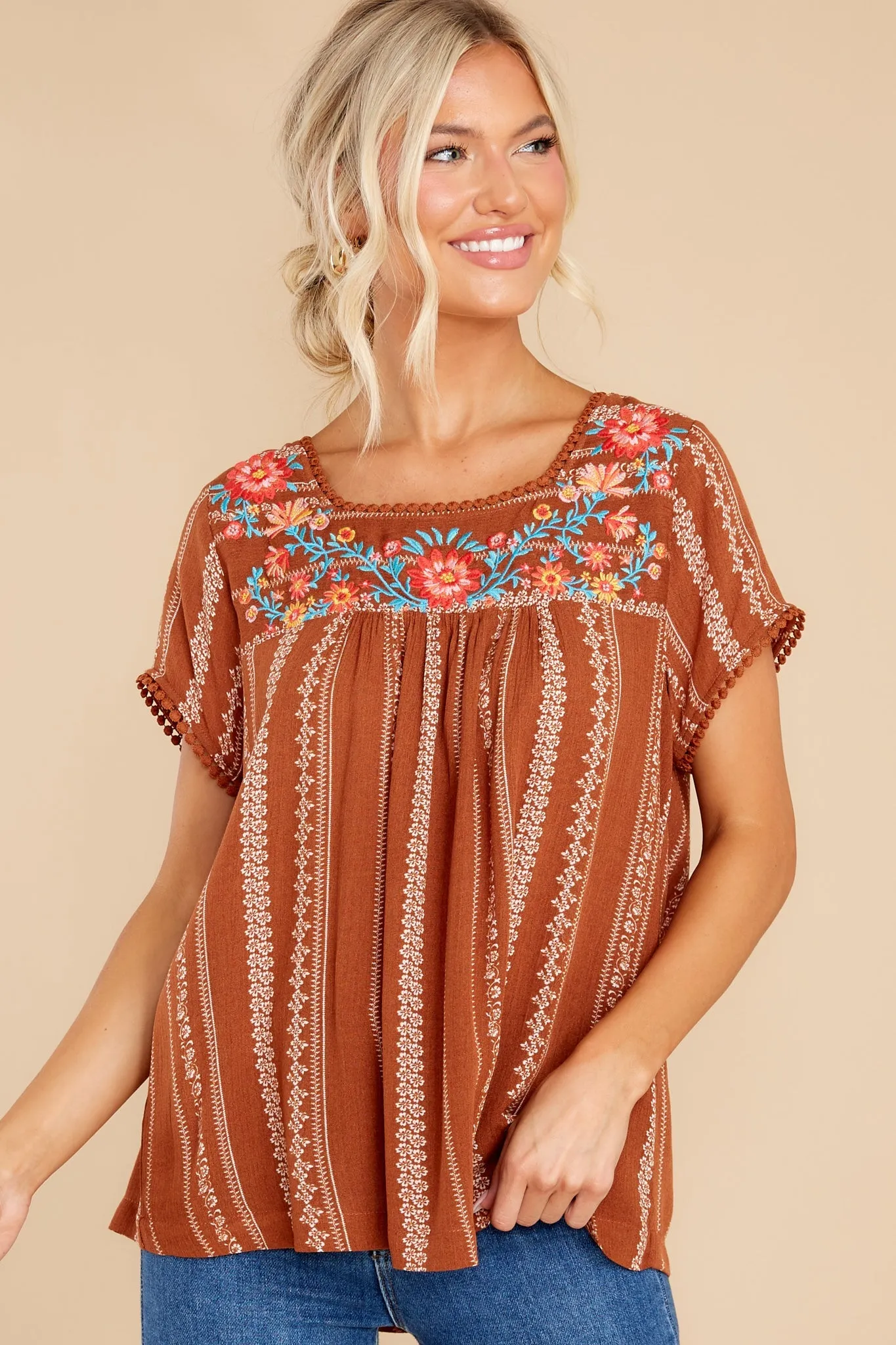 It Is Well Light Brown Embroidered Top