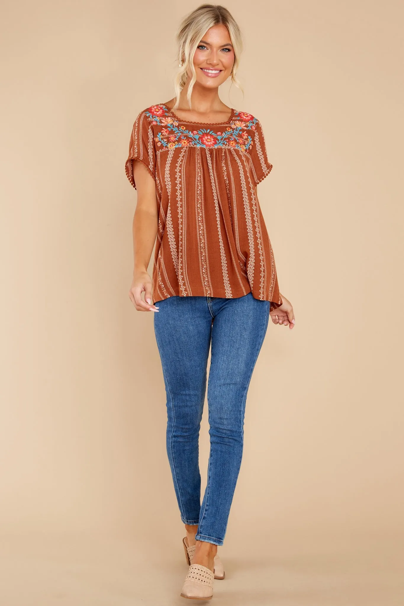 It Is Well Light Brown Embroidered Top