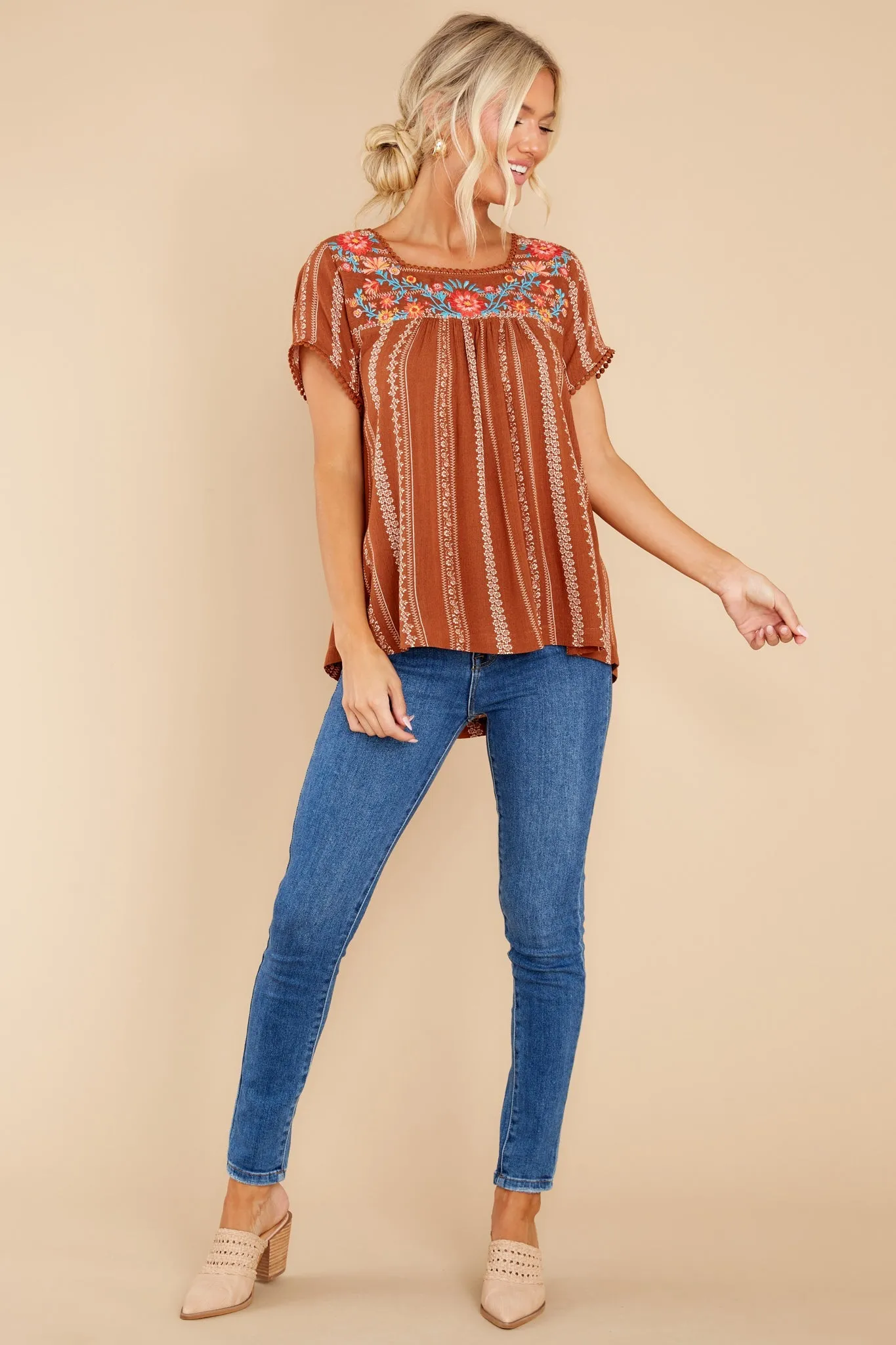 It Is Well Light Brown Embroidered Top