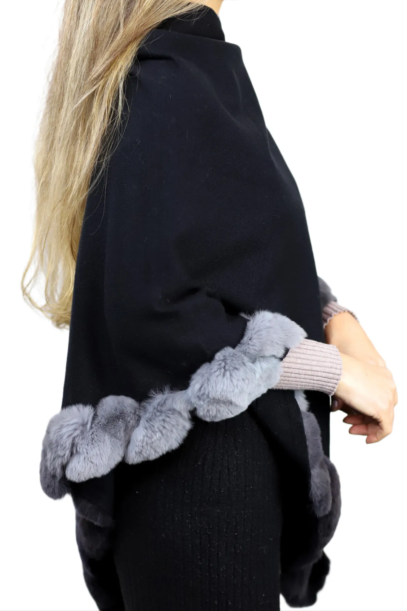 La Fiorentina | Asymmetrical Poncho with Ombre Fur Trim - Black