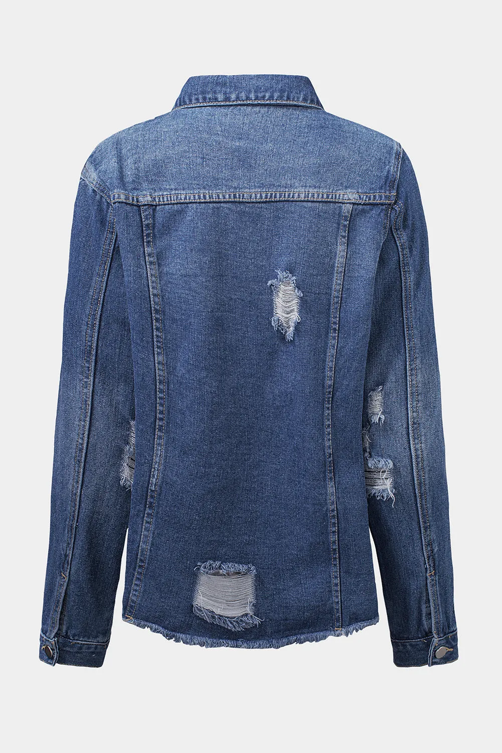 Lapel Distressed Raw Hem Buttons Denim Jacket