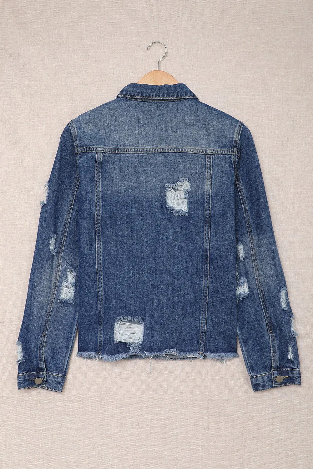 Lapel Distressed Raw Hem Buttons Denim Jacket