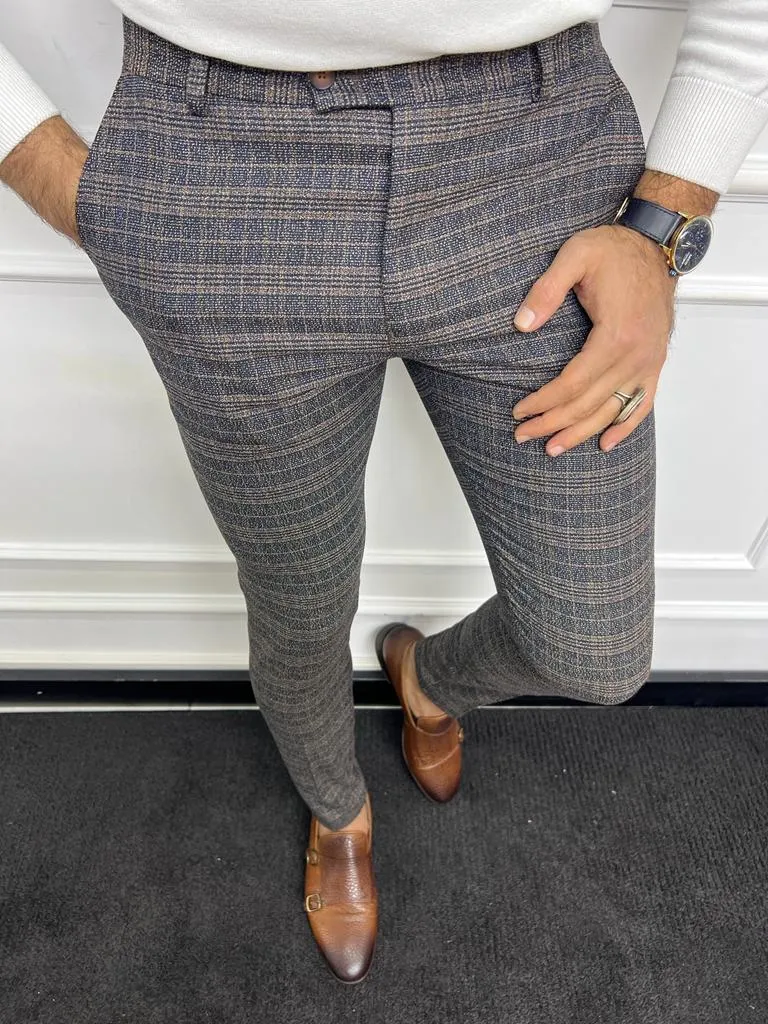 Leon Slim Fit Plaid Striped Blue Pants