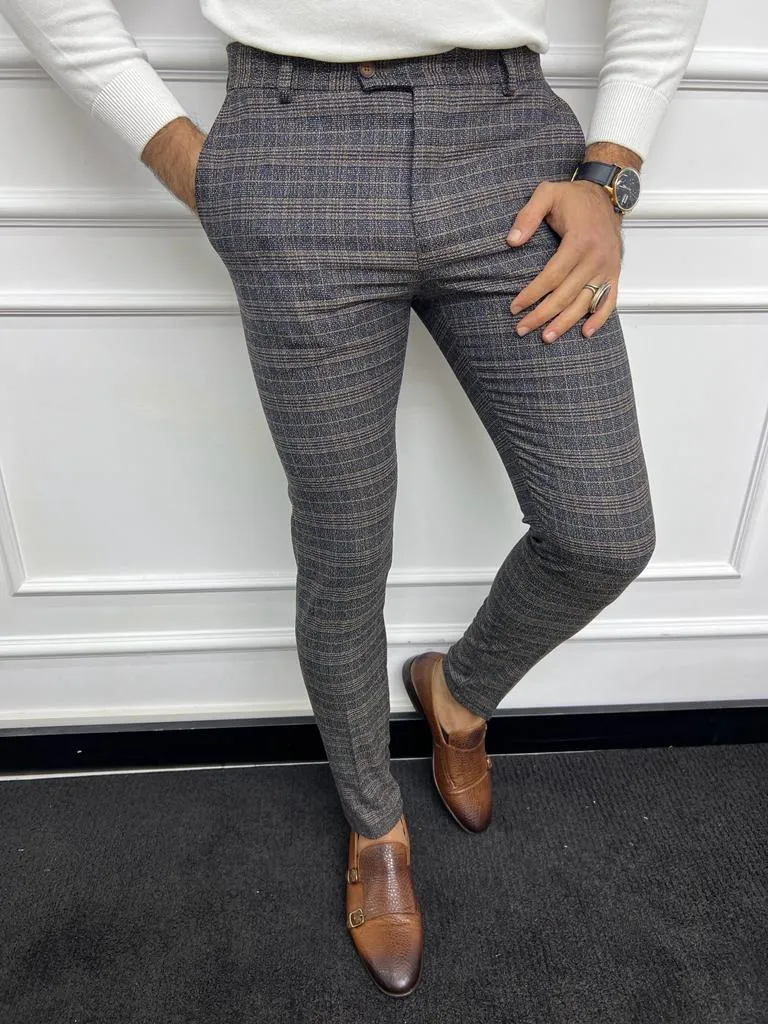 Leon Slim Fit Plaid Striped Blue Pants