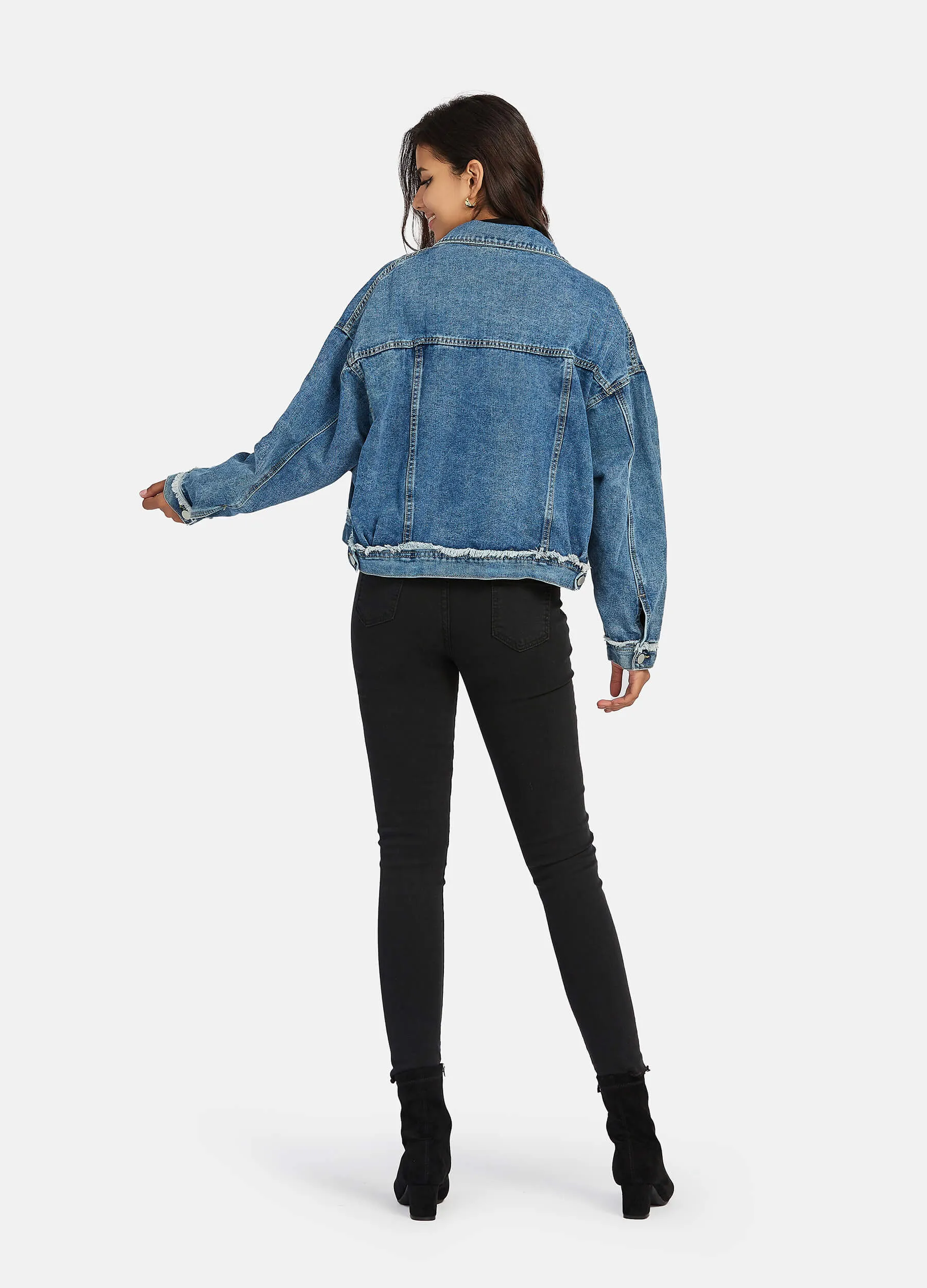 MECALA Women's Fall Drop Shoulder Denim Jacket with Pockets