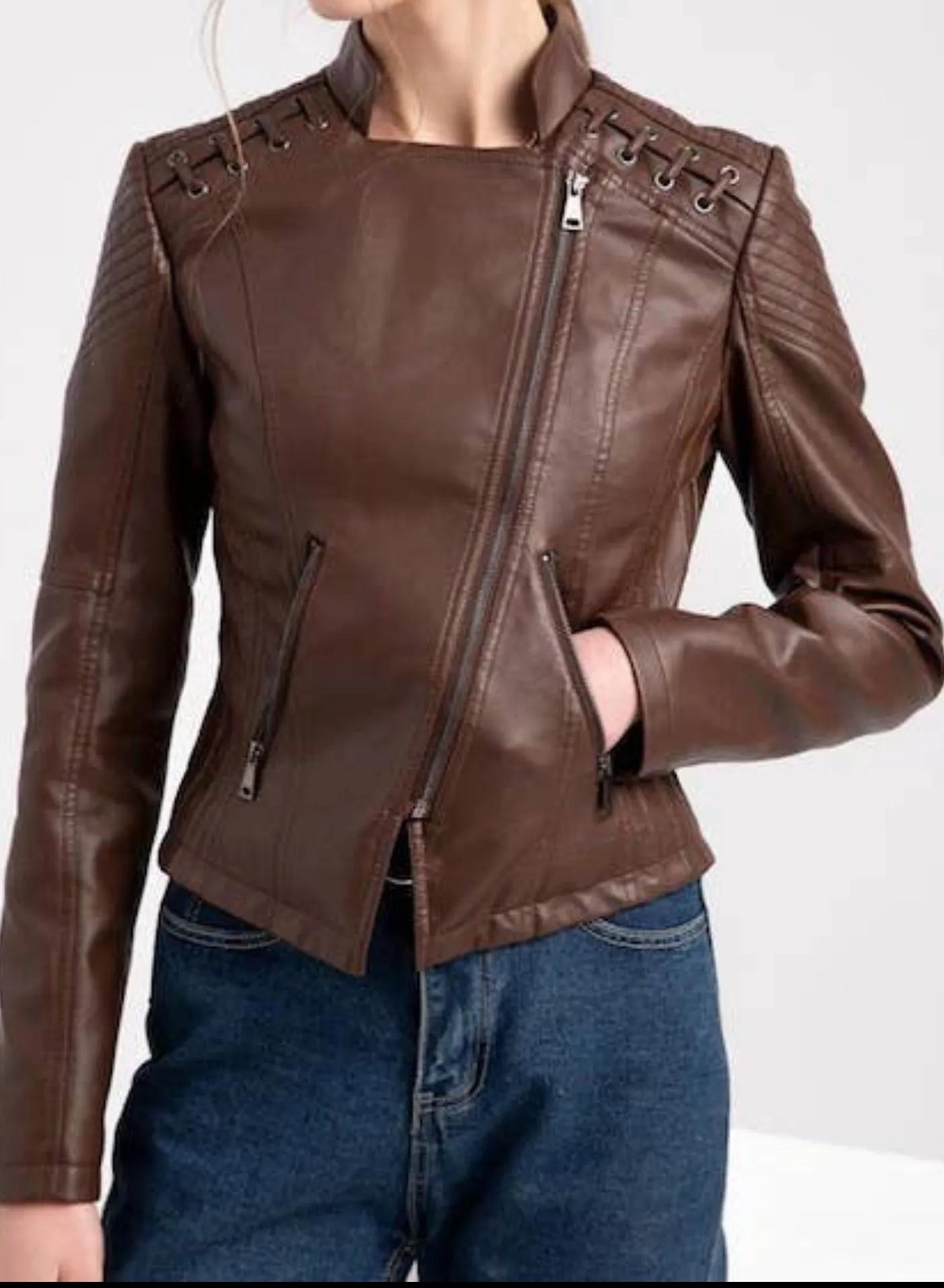 Melody Coffee Brown Vegan Tied Point Moto Jacket