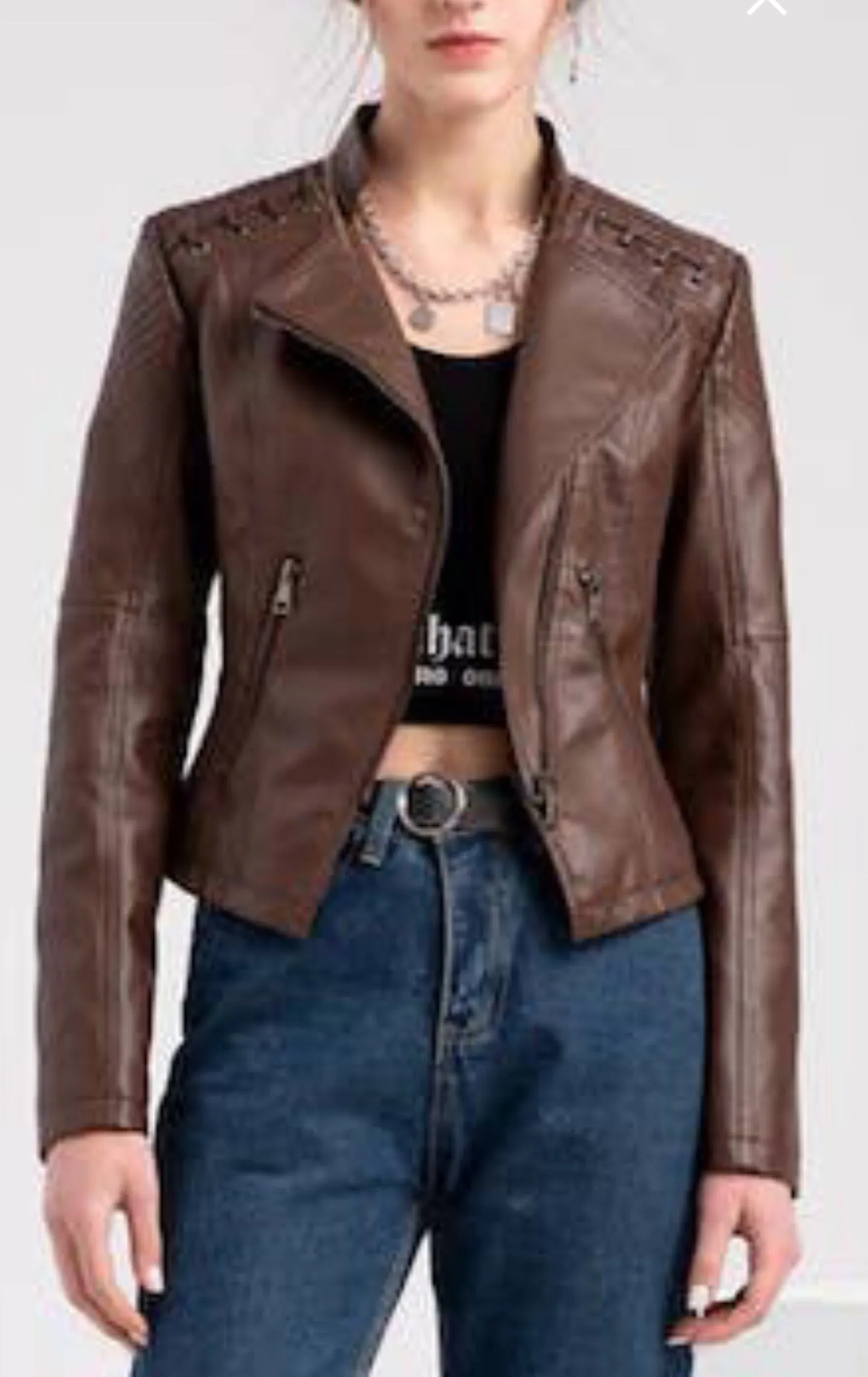 Melody Coffee Brown Vegan Tied Point Moto Jacket