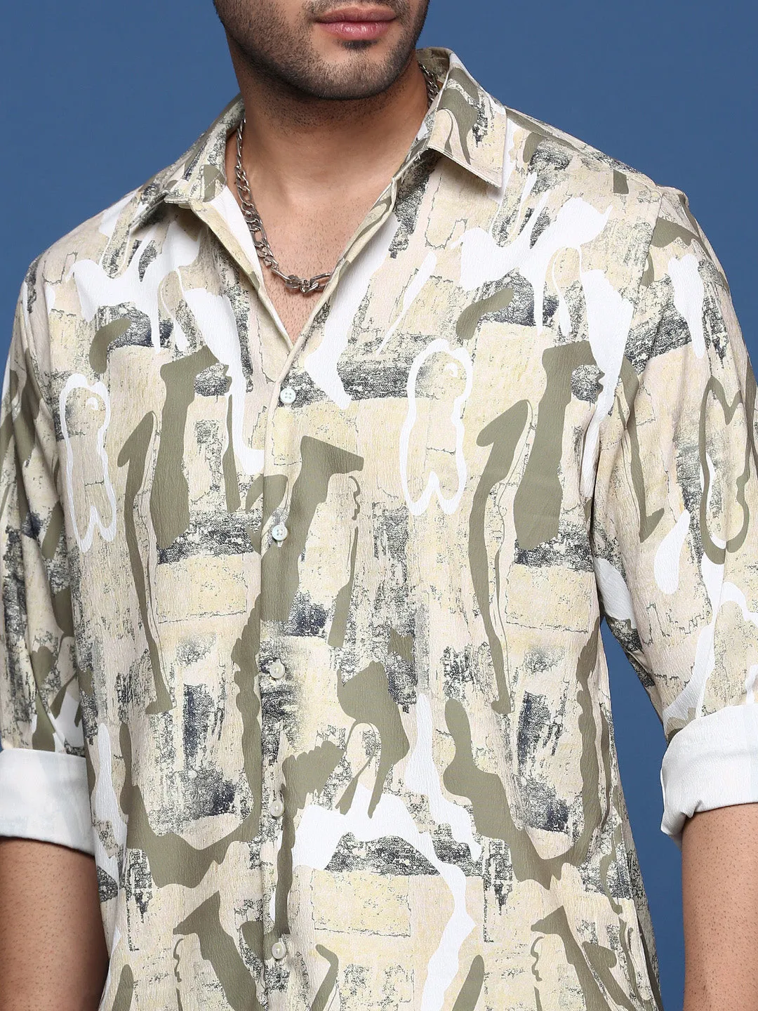 Men Abstract Beige Slim Fit Shirt