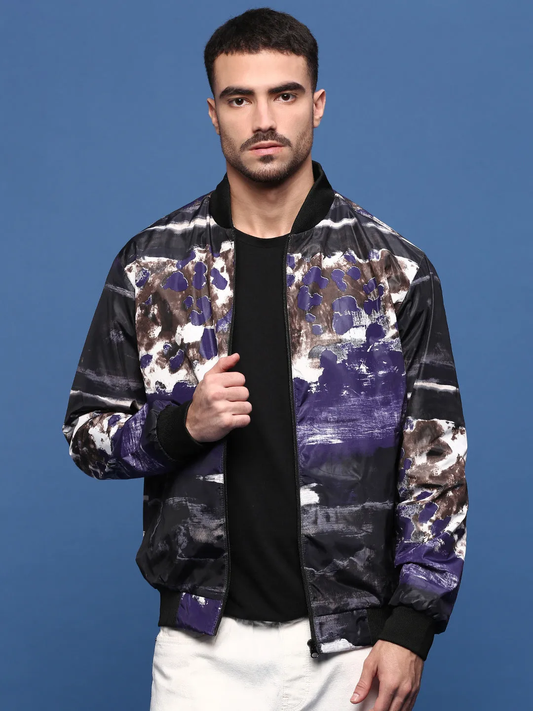 Men Abstract Black Bomber Jacket