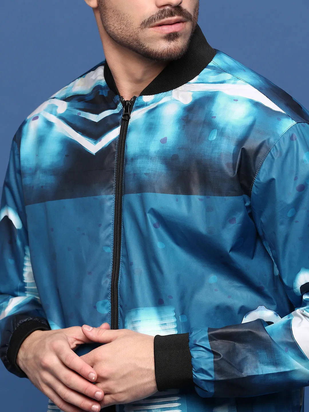 Men Abstract Blue Bomber Jacket