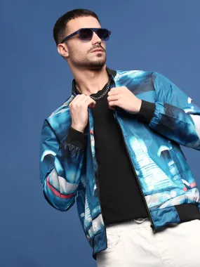 Men Abstract Blue Bomber Jacket