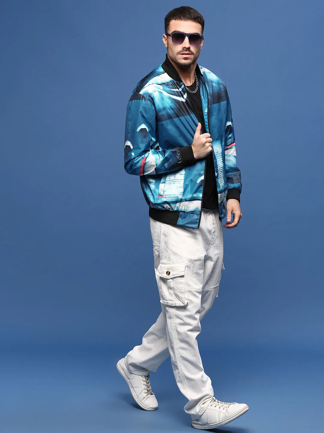 Men Abstract Blue Bomber Jacket