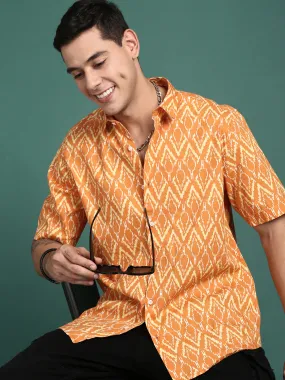 Men Abstract Orange Slim Fit Shirt