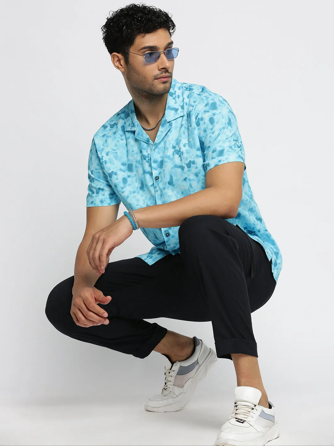 Men Blue Cuban Collar Abstract Shirt